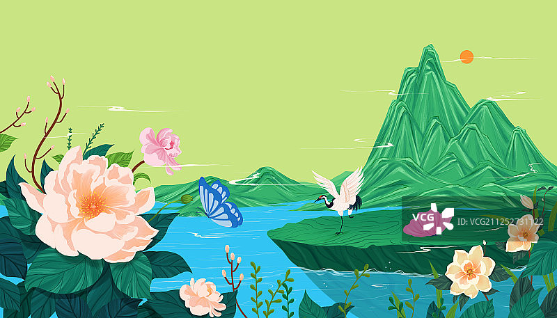 黄绿色现代中国风山水画 新中式花卉插画图片素材