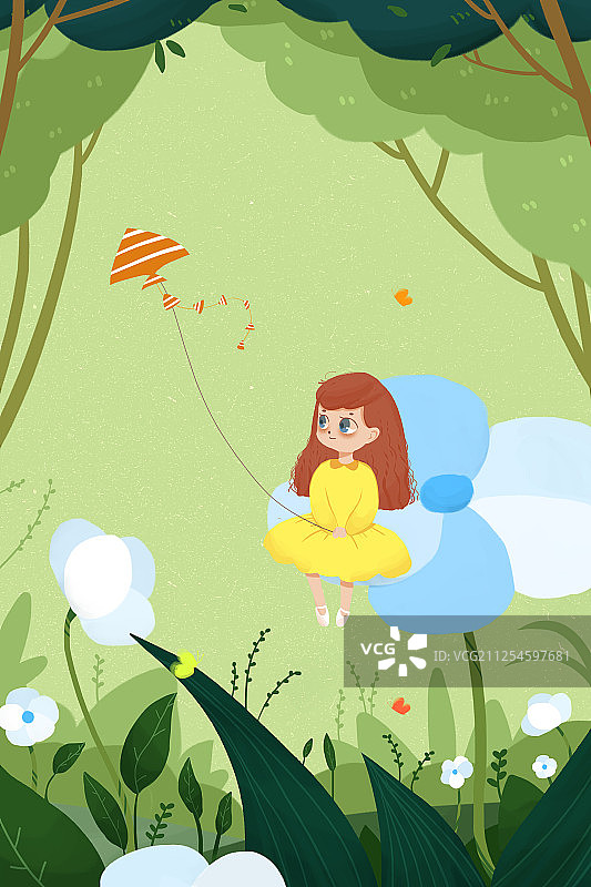 坐在花朵上放风筝的女孩 二十四节气春分插画图片素材