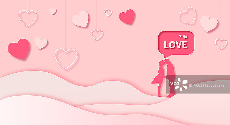 浪漫情人节一对情侣在爱心里拥抱接吻剪纸风插画粉色背景图片素材