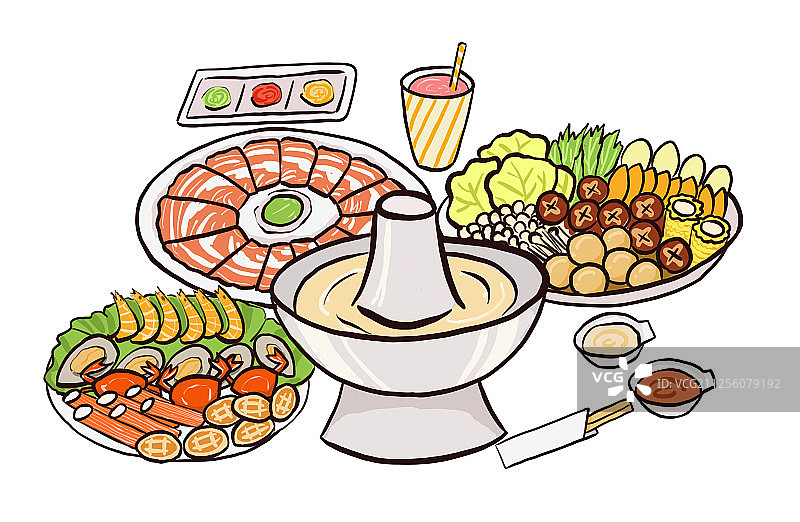 火锅及食材海鲜肉卷蔬菜 手绘插画图片素材