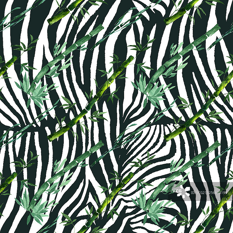 竹叶绿茎。水彩背景插图集。无缝的背景图案。图片素材