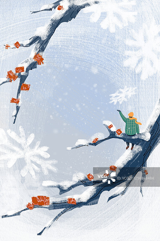 冬天里男孩坐在树枝上看雪景的插画图片素材