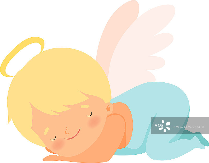可爱的睡觉男孩天使，带着光和翅膀图片素材