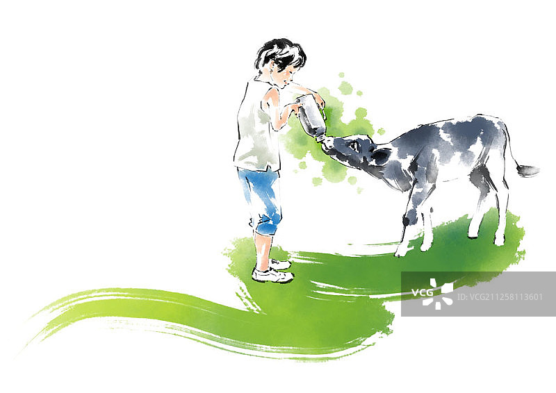 儿童与牛奶的水彩插图图片素材
