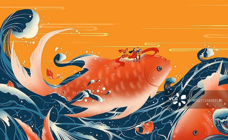 一家人乘坐红色锦鲤回家 创意中国风插画图片素材