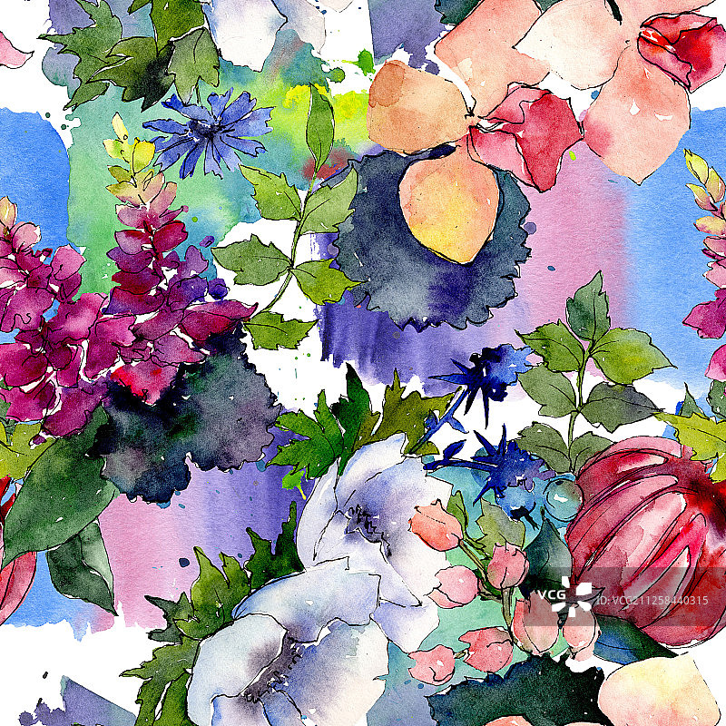 花束，植物花。水彩背景插图集。无缝的背景图案。图片素材