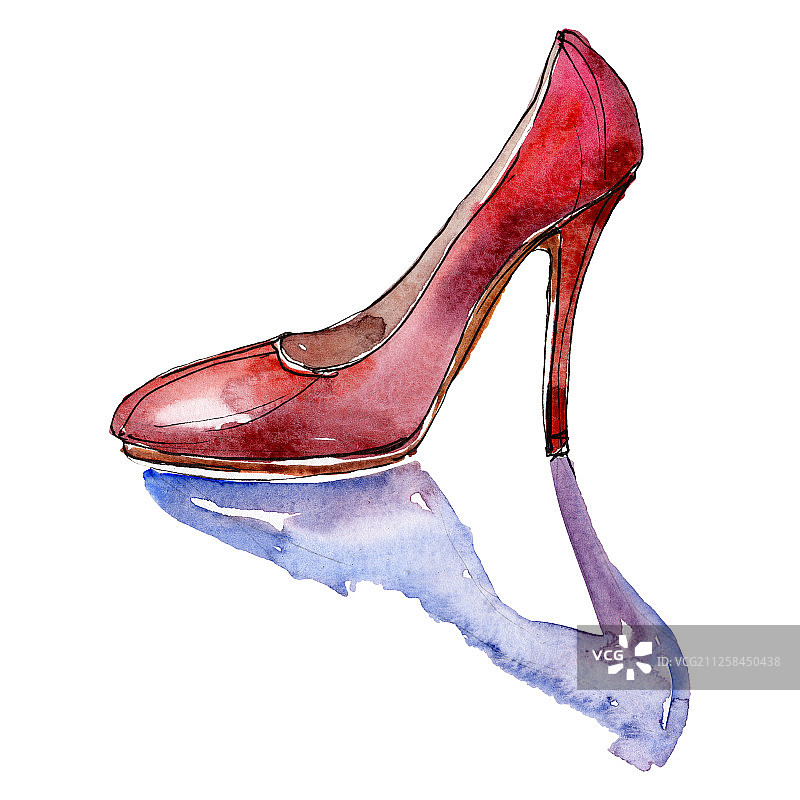 高跟鞋素描魅力插图在水彩风格孤立的元素。水彩背景设置。图片素材