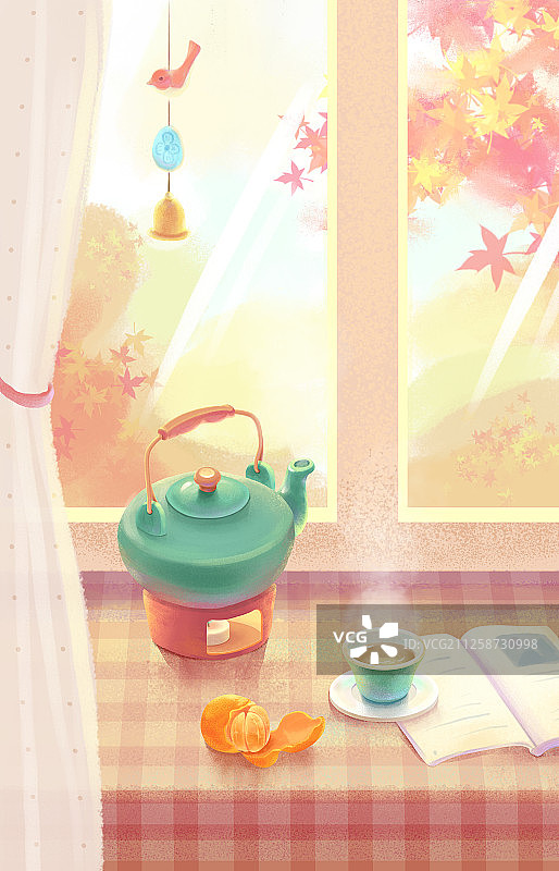 秋天室内阳台飘窗温馨热茶红叶读书场景图片素材