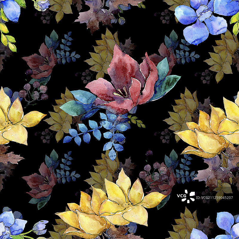 花束组成，有植物的花。水彩背景插图集。无缝的背景图案。图片素材