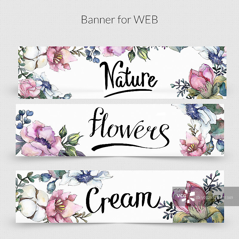 粉红色花卉植物花束。水彩背景插图集。边框装饰方形。图片素材