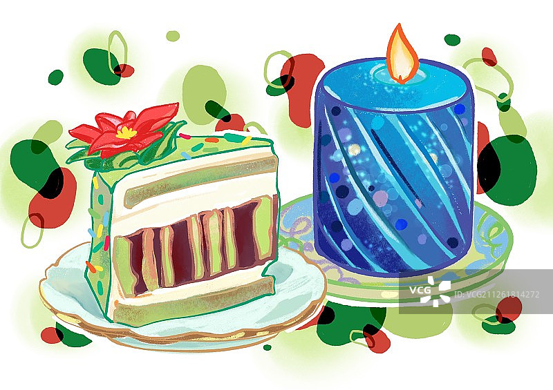 圣诞节元素 切块蛋糕加蓝色蜡烛组合 圣诞边框背景 加晕染光圈图片素材