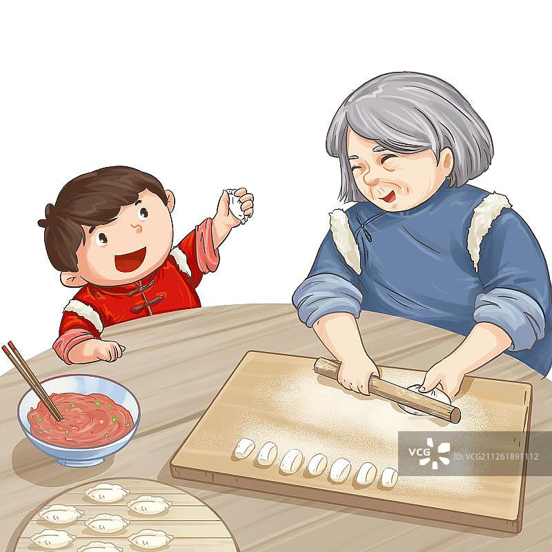 奶奶教孙子包饺子图片素材
