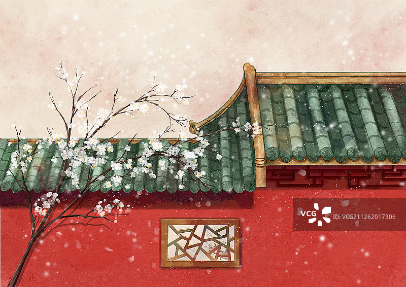 中国风手绘二十四节气插画小雪红墙白梅图片素材