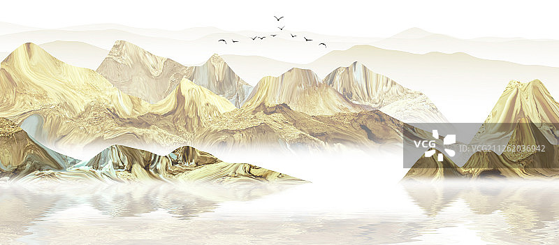 手绘中国风金色山水水墨山水画图片素材