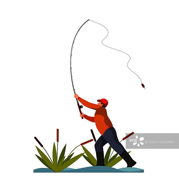 男子投掷道路彩色旗帜孤立的白色矢量插图专业渔民在捕鱼过程中，抽象池塘与绿色芦苇。男子投掷道路彩色旗帜孤立在白色图片素材