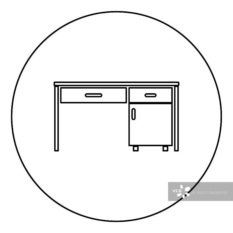 办公桌商务办公书桌写字台工作场所在办公室概念图标圆形轮廓黑色矢量插图平面风格简单的形象图片素材