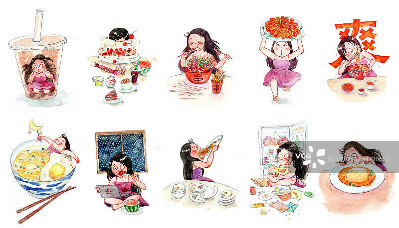 插画:水彩手账风女孩与美食相关合集图片素材
