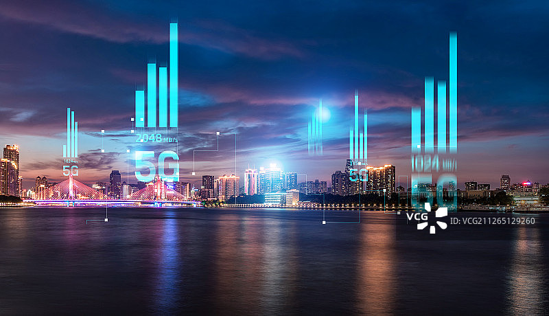 5G网络信号科技快速发展广州珠江全景夜景城市建筑经济中心图片素材