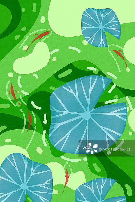 绿色的湖水荷叶鲤鱼插画背景图片素材
