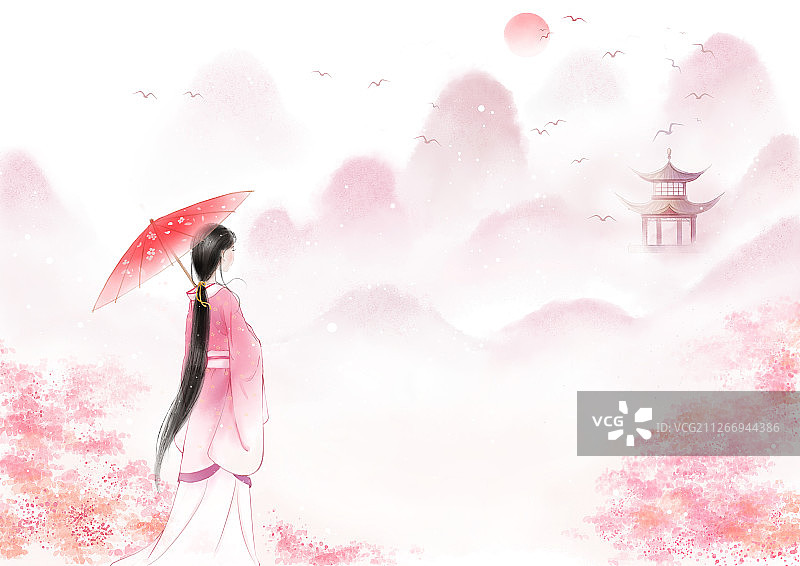 手绘中国风小清新水彩风格山水风景插画图片素材