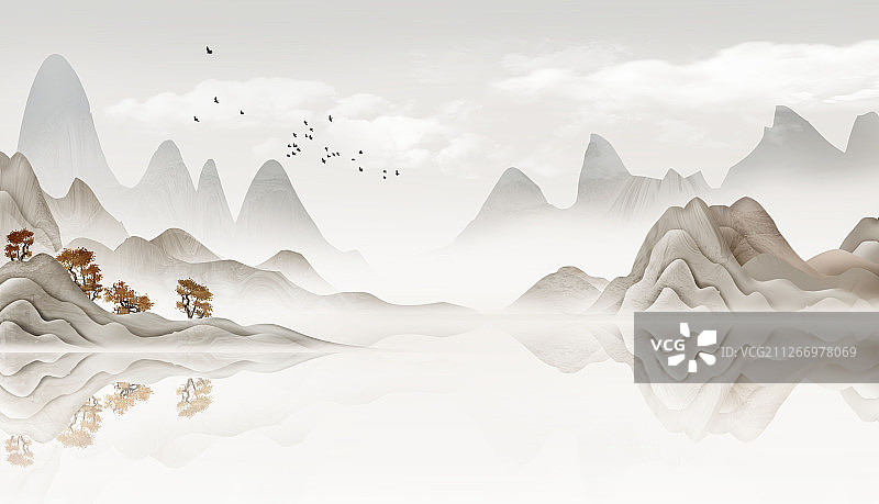 手绘中国风意境水墨山水画新中式背景插画图片素材