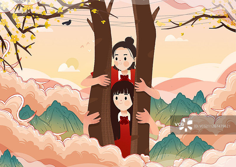春节期间庆祝新年的两个可爱女孩图片素材