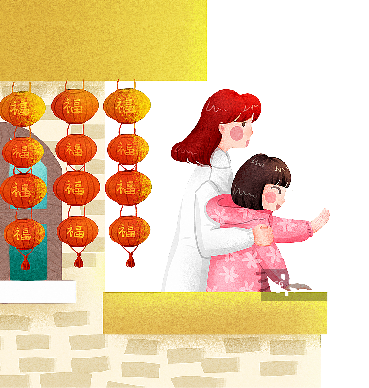 春节阳台上的母女打招呼插画图片素材
