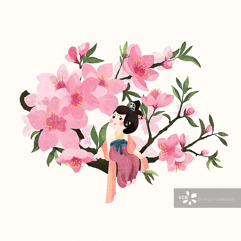 节气春分坐在桃枝上侧看桃花的唐朝美人图片素材