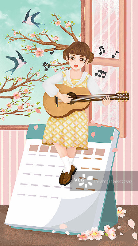 晴朗的春天在窗边弹吉他的女孩图片素材