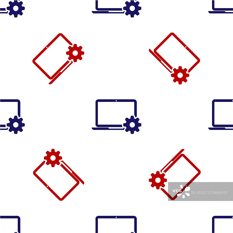 蓝色和红色的笔记本电脑和齿轮图标隔离图片素材