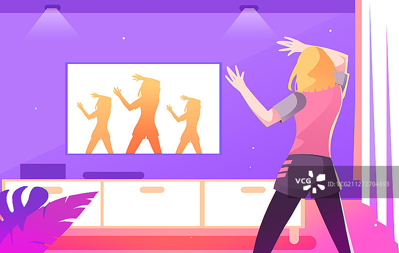 紫色卡通女生背影跳舞插画图片素材