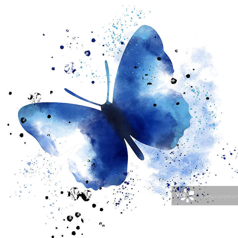 元素插画PNG水彩喷溅水墨蝴蝶动物蓝色好看绽放翅膀美丽大自然图片素材
