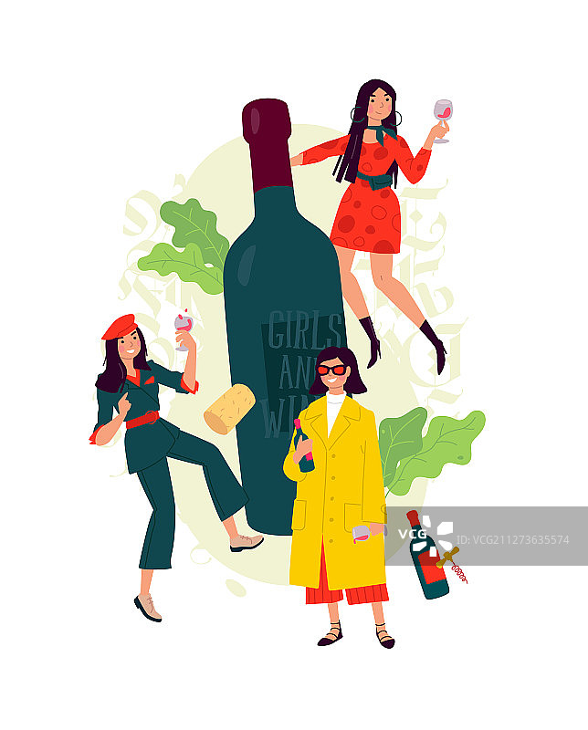 姑娘们拿着酒杯围着酒瓶图片素材