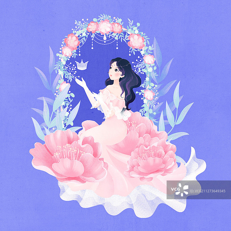 女神节妇女节坐在花丛前手托王冠的公主女神插画图片素材