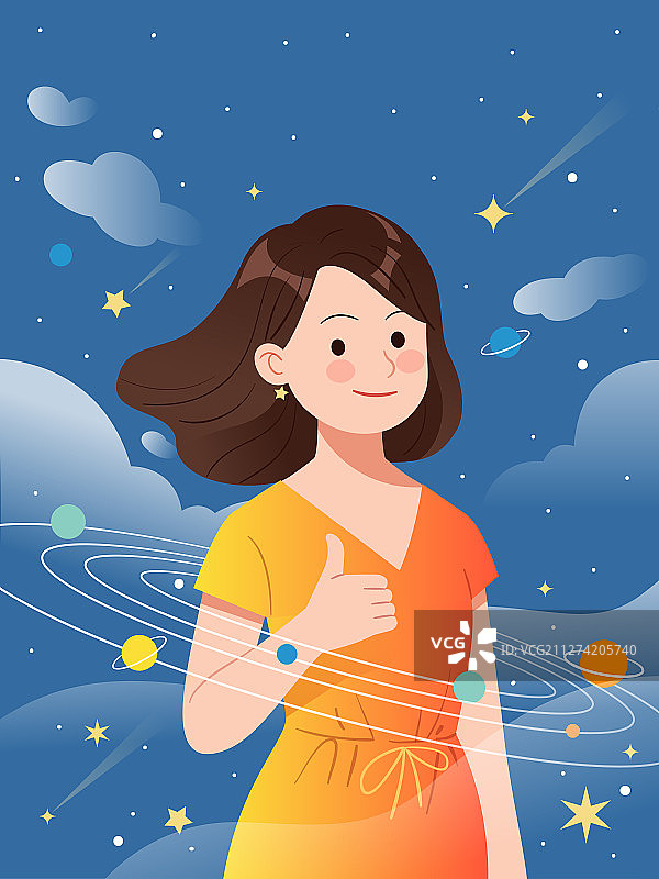 一名女性在星空背景中竖起大拇指图片素材