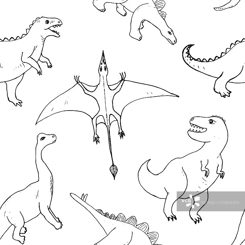 恐龙无缝图案可爱卡通手绘图片素材