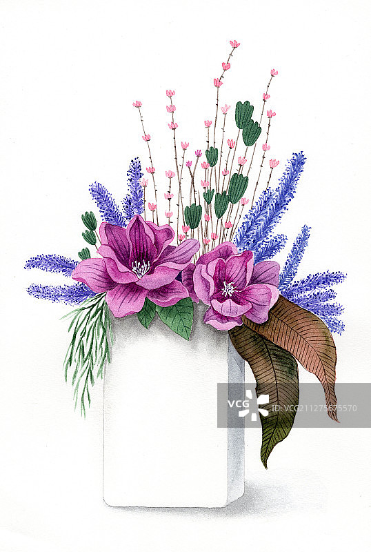手绘水彩插花花瓶花束花卉插画图片素材