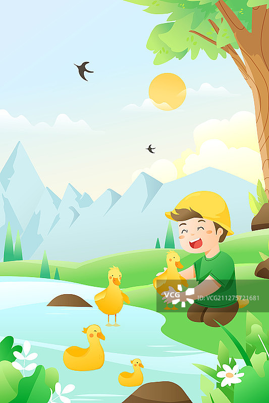 童趣夏季夏令营儿童鸭子动物踏青旅游出游春季背景矢量插画图片素材