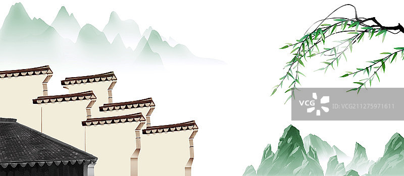 手绘中国风节气马头墙山水画图片素材