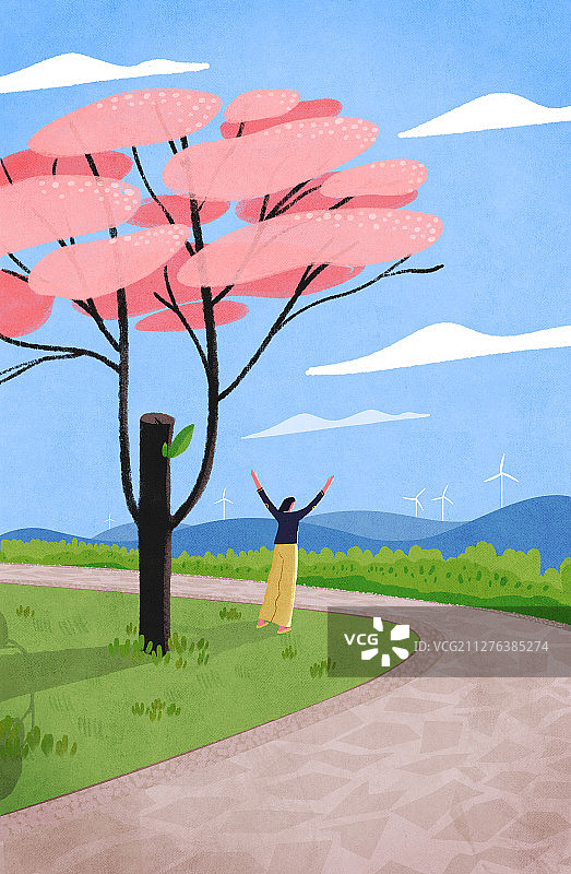 在山顶上开满花的树下欢呼的女孩插画图片素材