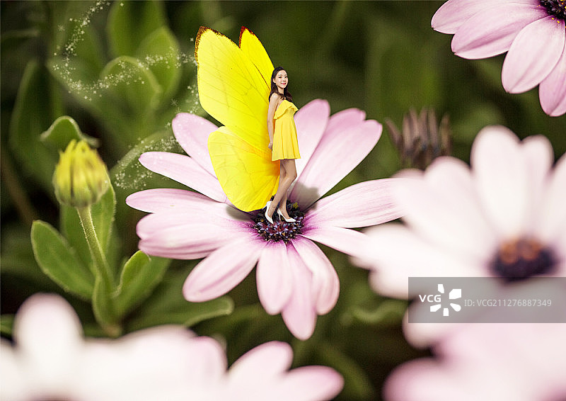 这是一幅经过编辑的年轻亚洲妇女的图片，她们穿着黄色的衣服，粉红色的花朵上长着黄色的蝴蝶翅膀图片素材