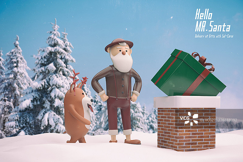 3D时尚圣诞老人和驯鹿耳朵柯基狗站在烟囱旁边带着礼物图片素材