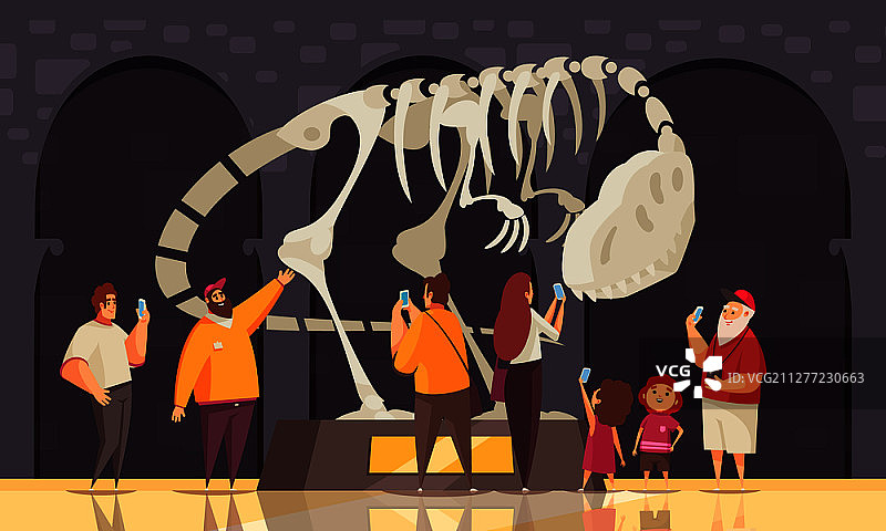 导游游览恐龙骨骼构成与圆形展厅室内风景和游客人物形象矢量插图图片素材