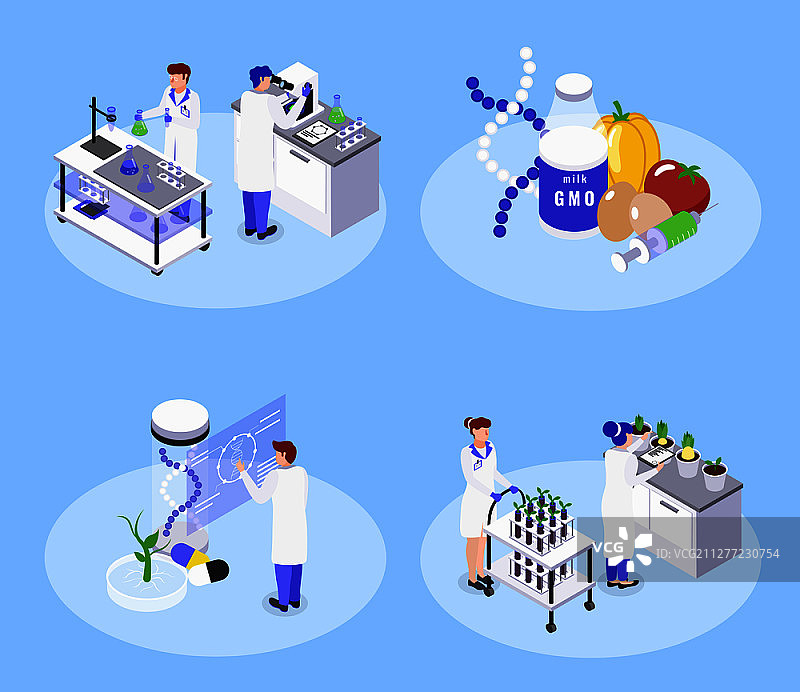 生物工程概念4等距图标与转基因食品转基因生物技术实验室dna操纵载体插图图片素材