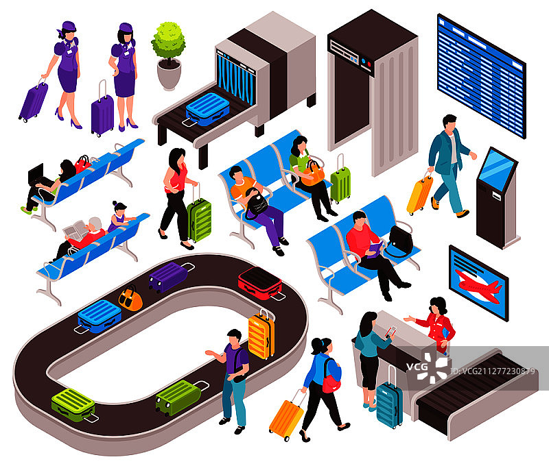 等距机场集与机场终端区的孤立元素与电子设备和人物矢量插图图片素材