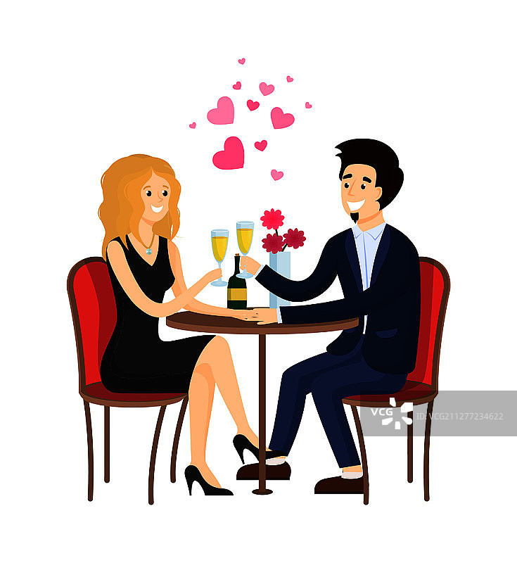 约会情侣穿着晚礼服坐在餐厅的桌子上，酒杯里有香槟，花束和一瓶酒，矢量插图。穿着晚礼服坐在餐桌前约会的情侣图片素材