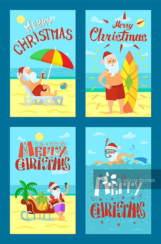 圣诞快乐，圣诞老人躺在日光浴床上，冲浪板和雪橇，男人在海里潜水。父亲打着彩伞，戴着红帽子喝着清凉的鸡尾酒。圣诞老人躺着日光浴冲浪板图片素材