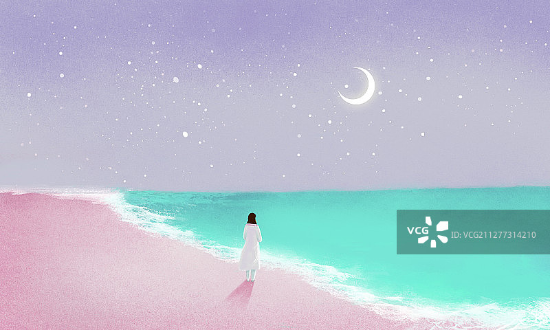 一个站在大海前对着月亮许愿的女孩