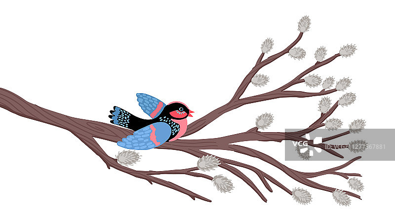 鸟儿栖息在柳枝春花图案上图片素材