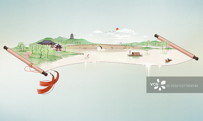 小清新水彩风格古风风景插画 西湖图片素材